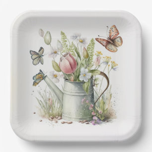 Watering Can With Tulips and Butterflies Paper Plates