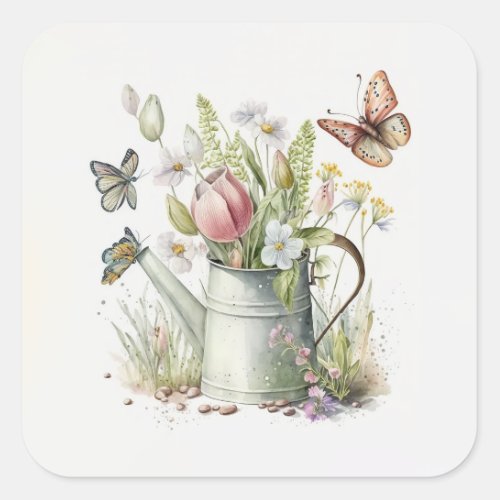 Watering Can With Tulips and Butterflies  Square Sticker