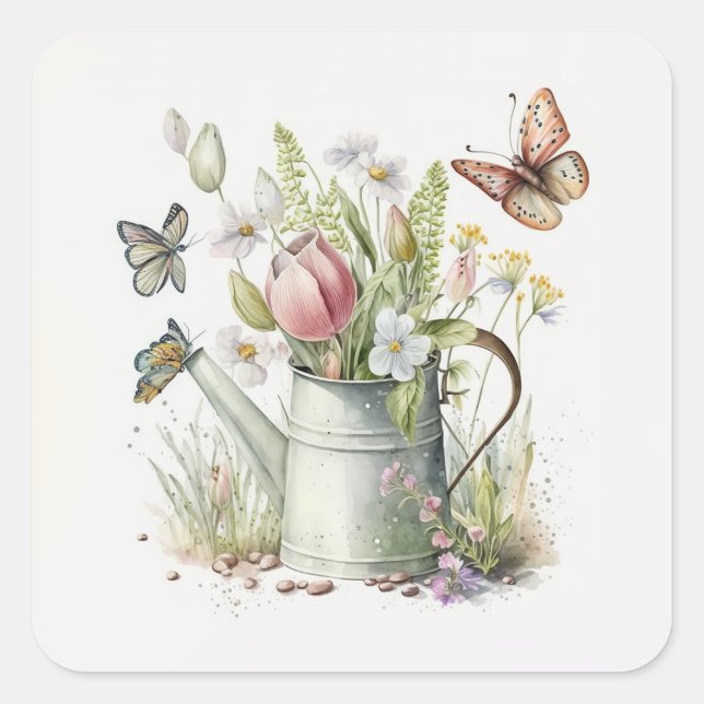 Watering Can With Tulips and Butterflies  Square Sticker (Front)
