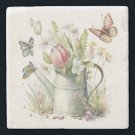 Watering Can With Tulips and Butterflies Stone Coaster<br><div class="desc">Retro watering can with tulips and butterflies in a watercolor effect.</div>