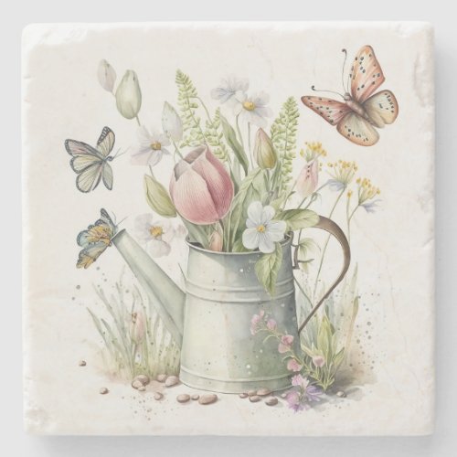 Watering Can With Tulips and Butterflies Stone Coaster