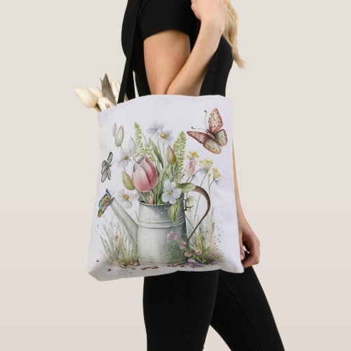 Watering Can With Tulips and Butterflies  Tote Bag