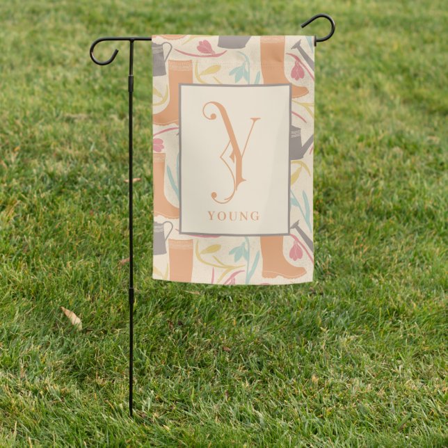 Watering Cans, Galoshes, Flowers with Monogram Y Garden Flag (In SItu)