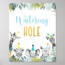 Watering Hole Blue Gold Party Animal Birthday Sign