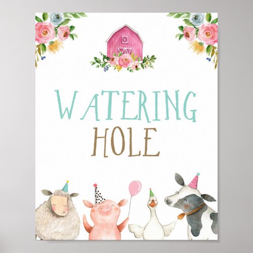 Watering Hole Farm Animals Barnyard Girl Birthday Poster