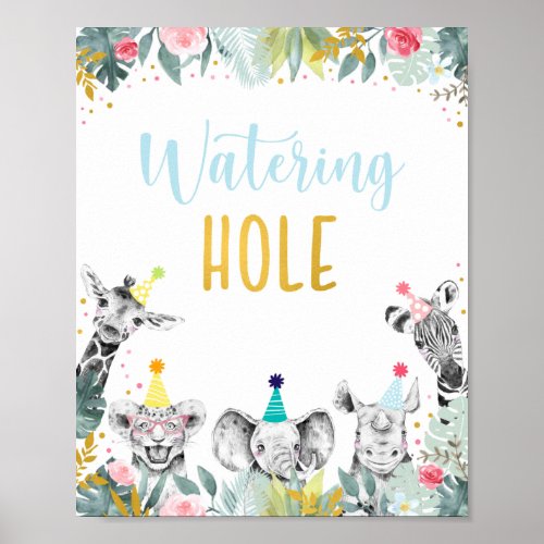 Watering Hole Pink Gold Party Animal Birthday Sign
