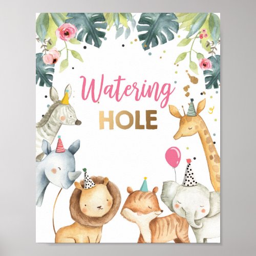Watering Hole Wild Animal Girl Birthday Table Sign