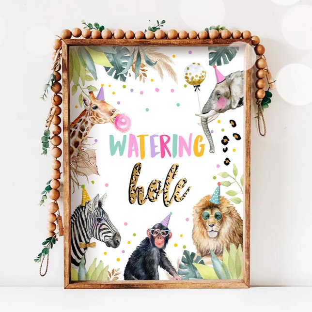 Watering Hole Wild Animal Girl Birthday Table Sign (Creator Uploaded)