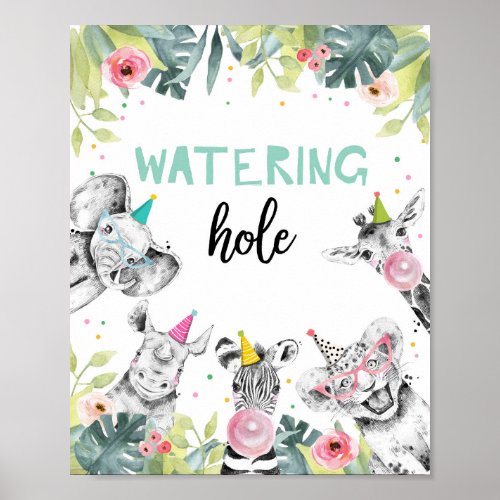 Watering Hole Wild Animal Girl Birthday Table Sign