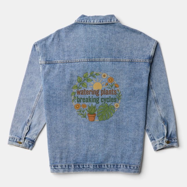 Watering Plants Breaking Cycles Retro Botanical  Denim Jacket (Back)