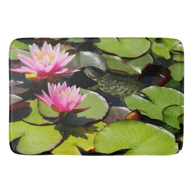Waterlilies Pond Lilypads Turtle Floral Bath Mat (Front)