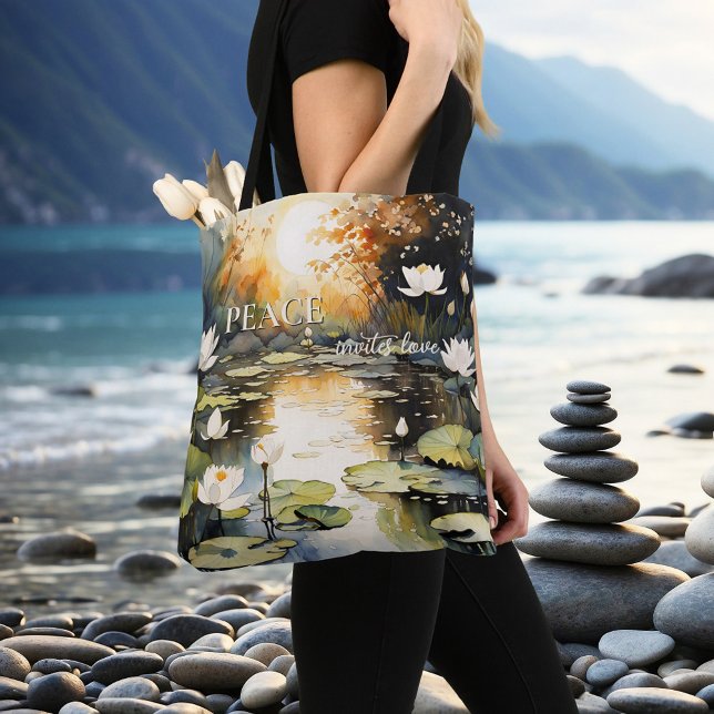 Waterlilies Pond Peace Love Meditation Tote Bag (Tote bag featuring peaceful watercolor waterlilies in a pond - meditation - yoga - zen - mindfulness)