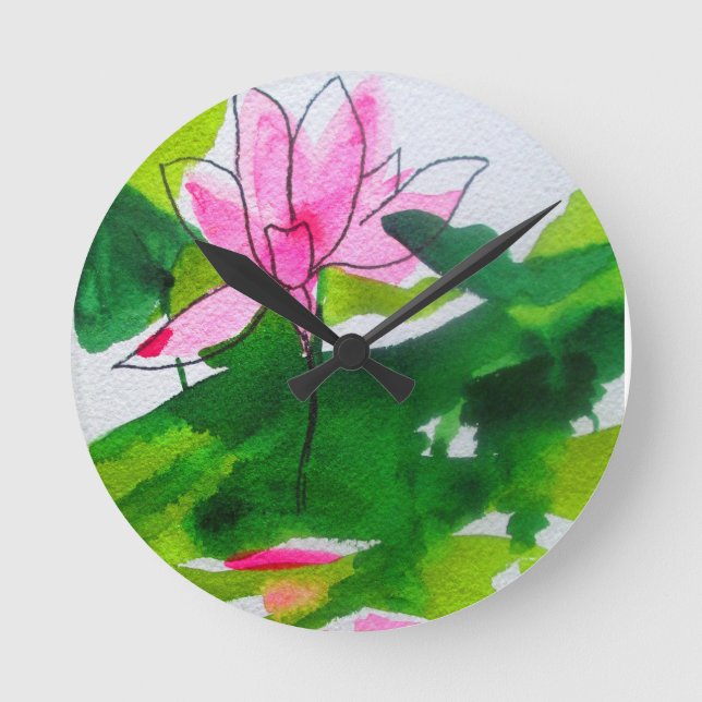 Waterlily abstract watercolour flower art round clock (Front)