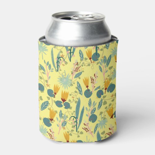 Waterlily Blooms Garden Pattern Yellow Can Cooler