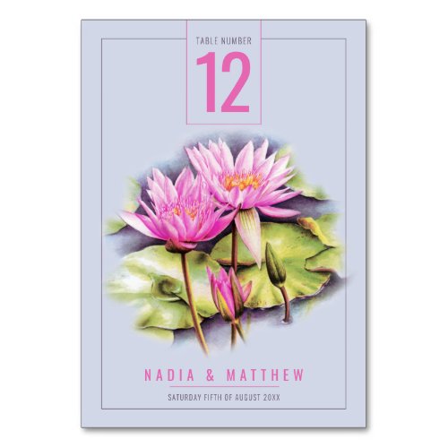 Waterlily blue pink watercolor wedding table number