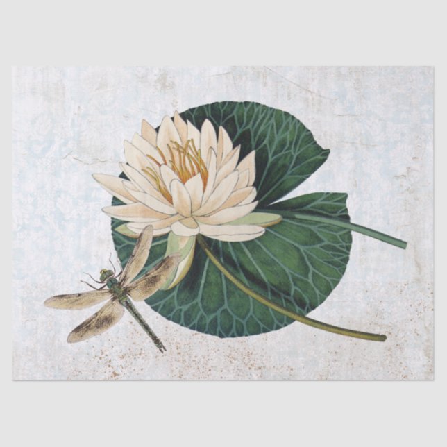 Waterlily Flower Dragonfly Decoupage Vintage Blue  Tissue Paper (Front)
