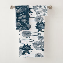 Waterlily Pond Towel White and Dark Blue