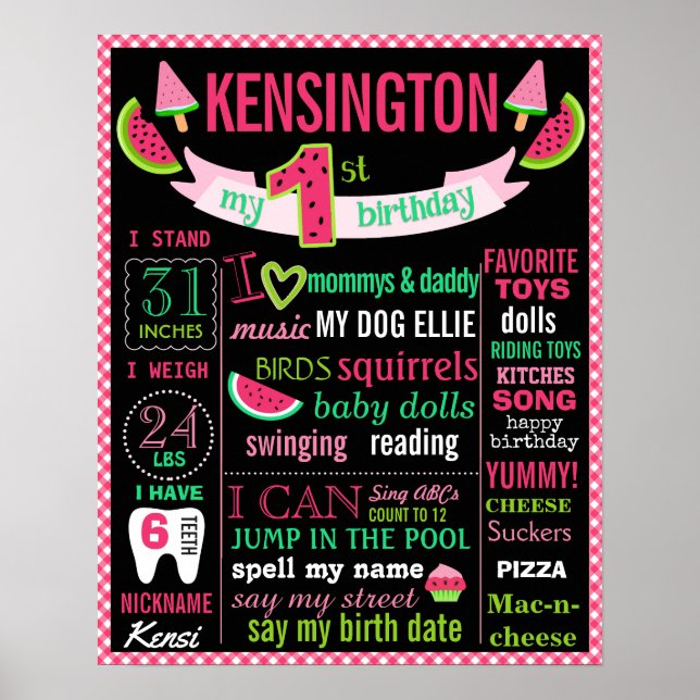 Watermelon 1st birthday chalkboard sign poster (Front)
