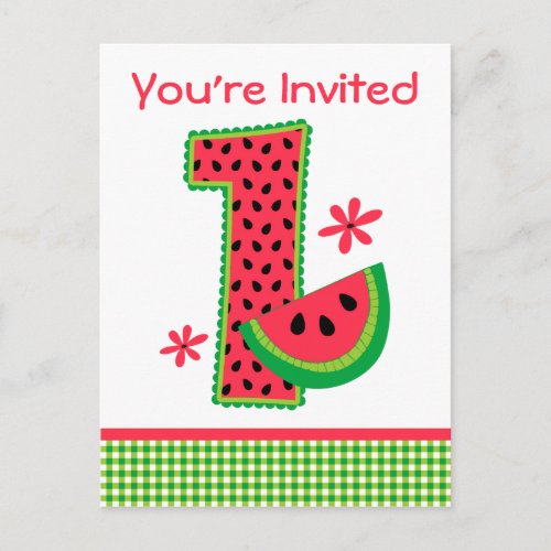 Watermelon 1st Birthday Gingham Invitation Postcard