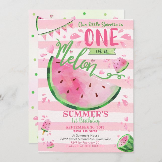 Watermelon 1st Birthday Invitation (Front/Back)