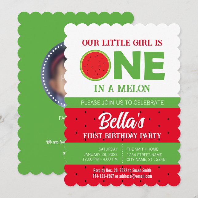 Watermelon 1st Birthday Invitation with picture (Front/Back)