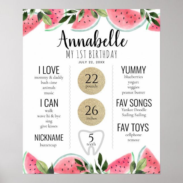 Watermelon 1st Birthday Milestone Pink Poster (Front)