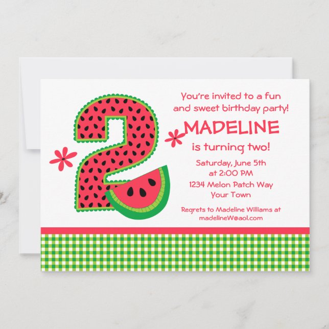 Watermelon 2nd Birthday Gingham Invitation (Front)