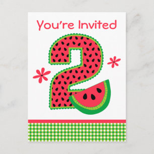 Watermelon 2nd Birthday Gingham Invitation Postcard