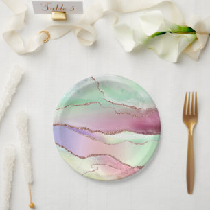 Watermelon Agate   Neo Mint Green and Cassis Pink Paper Plates