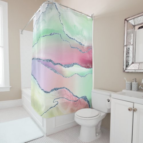 Watermelon Agate  Neo Mint Green and Cassis Pink Shower Curtain