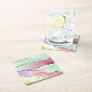 Watermelon Agate Neo Mint Green and Cassis Pink Square Paper Coaster