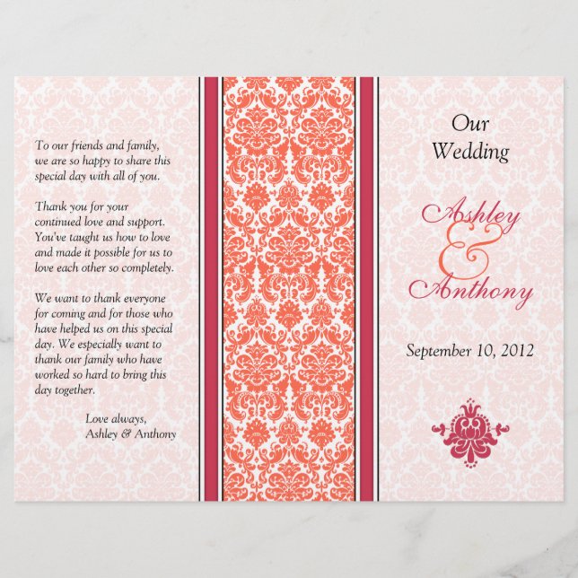 Watermelon and Coral Damask Wedding Program (Front)