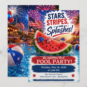 Watermelon and Fireworks Pool Party Invitation