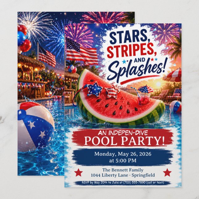 Watermelon and Fireworks Pool Party Invitation (Front/Back)