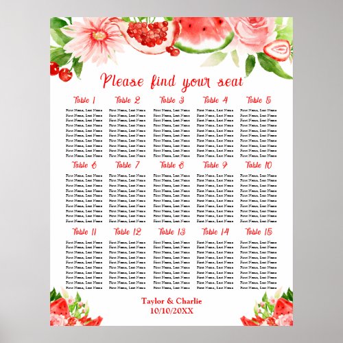 Watermelon and Pomegranate 15 Tables Seating Chart