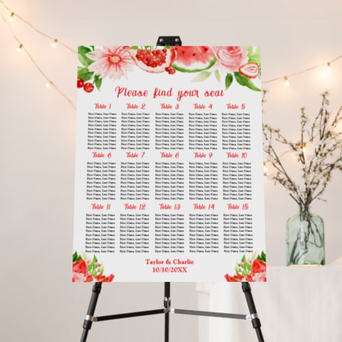 Watermelon and Pomegranate 15 Tables Seating Chart Foam Board