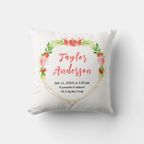 Watermelon and Pomegranate Baby Birth Stats Throw Pillow