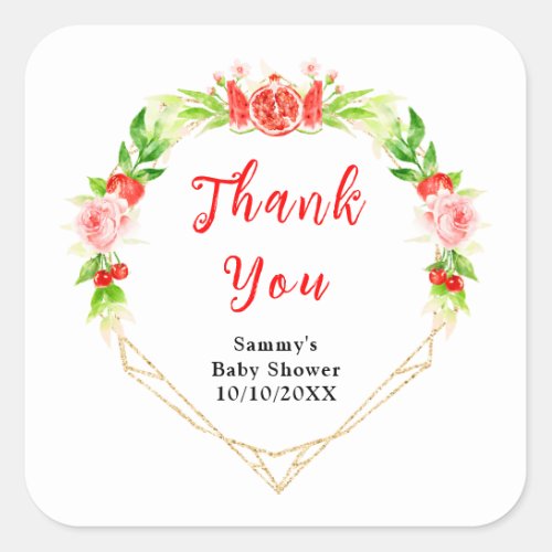 Watermelon and Pomegranate Baby Shower Thank You Square Sticker