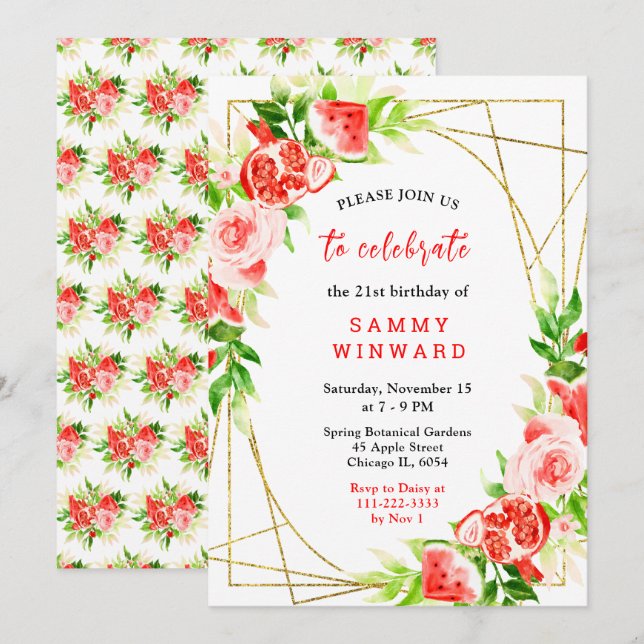 Watermelon and Pomegranate Birthday Invitation (Front/Back)