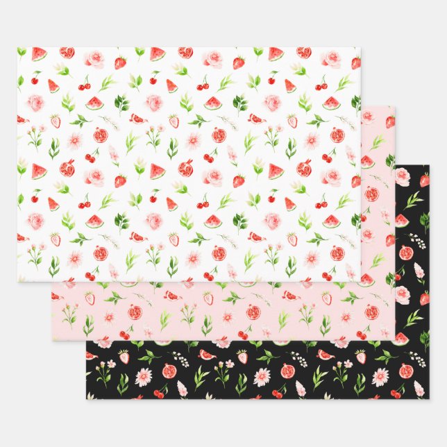 Watermelon and Pomegranate Pattern Wrapping Paper Sheets (Set)