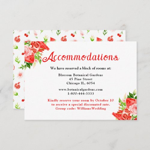 Watermelon and Pomegranate Wedding Accommodations Enclosure Card
