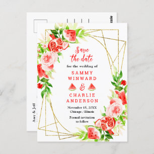 Watermelon and Pomegranate Wedding Save The Date Postcard