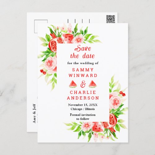 Watermelon and Pomegranate Wedding Save The Date Postcard