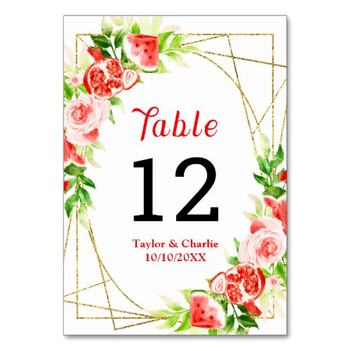 Watermelon and Pomegranate Wedding Table Number