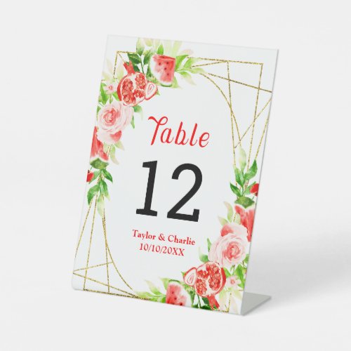 Watermelon and Pomegranate Wedding Table Number Pedestal Sign