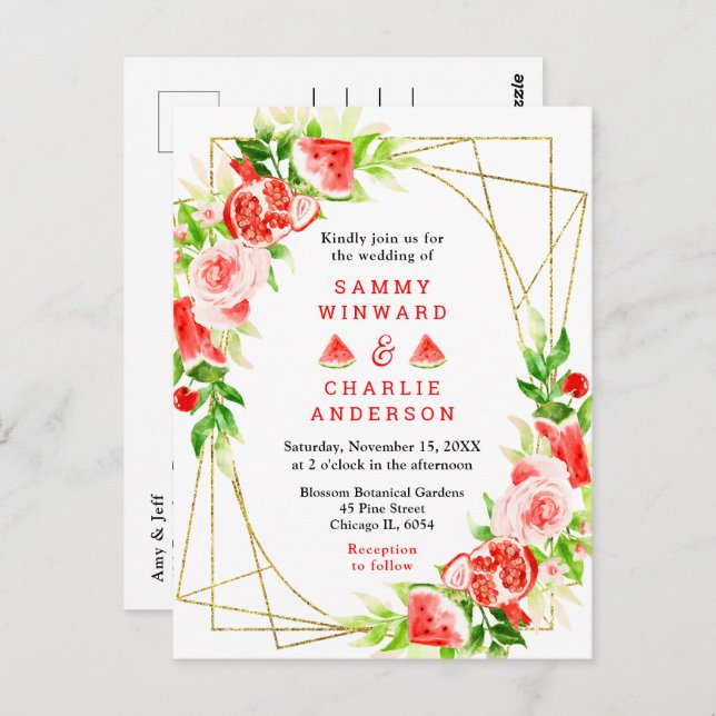 Watermelon and Pomegranate with Foliage Wedding Postcard (Front/Back)