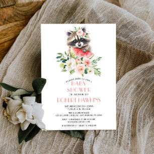 Watermelon and Raccoon Greenery Floral Baby Shower Invitation