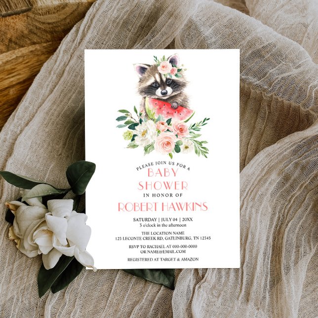 Watermelon and Raccoon Greenery Floral Baby Shower Invitation (Creator Uploaded)