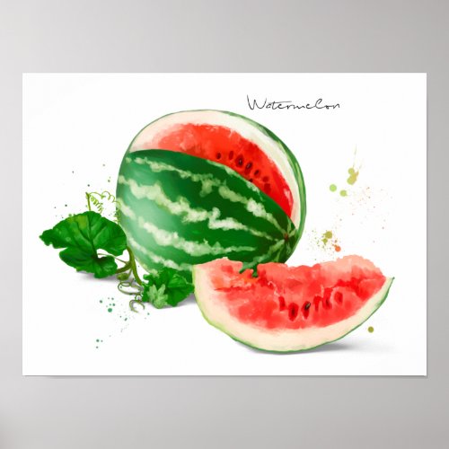 Watermelon and splashes of watercolor painting	 poster