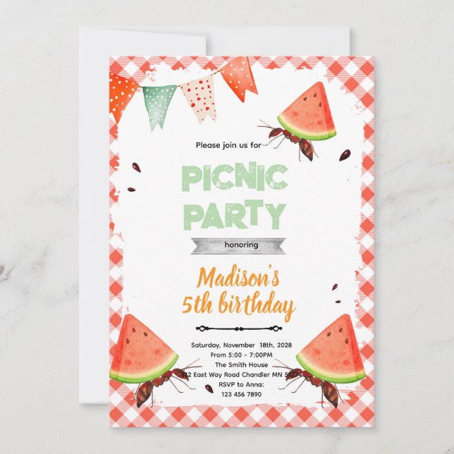 Watermelon ant picnic party invitation (Front)